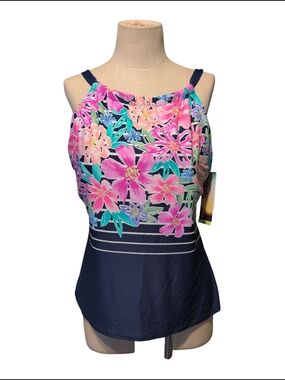 Nwt Beach House Navy Tankini Top Floral Swimwear Beach Pool Party Lycra Sun 18W